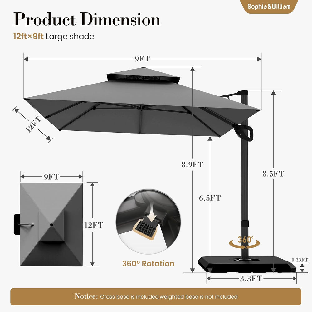 12ft Cantilever Patio Umbrella with Base&360°Rotation Outdoor Offset, Grey