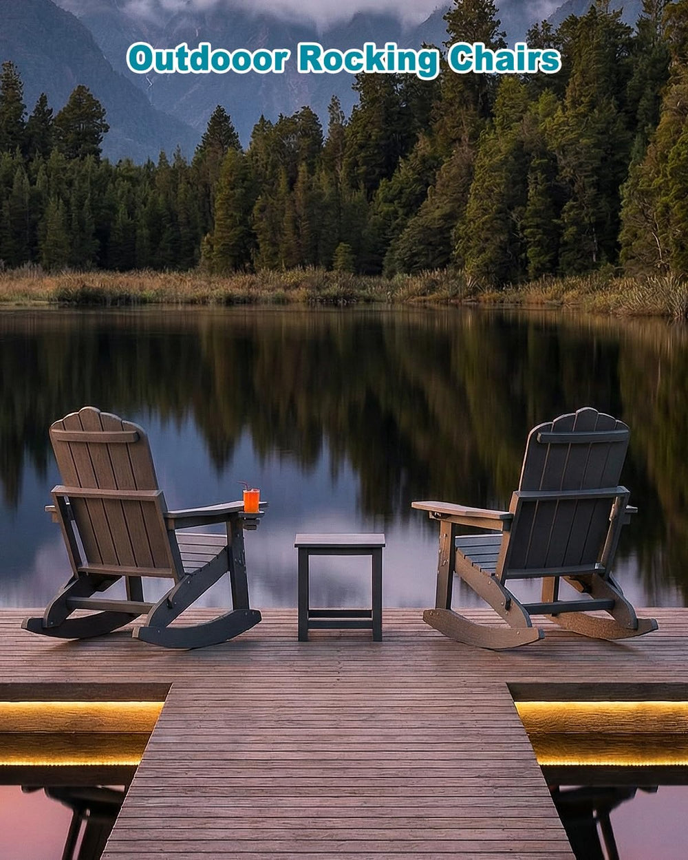 Folding Adirondack Rocking Chair with Retractable Ottoman for Patio, Porch