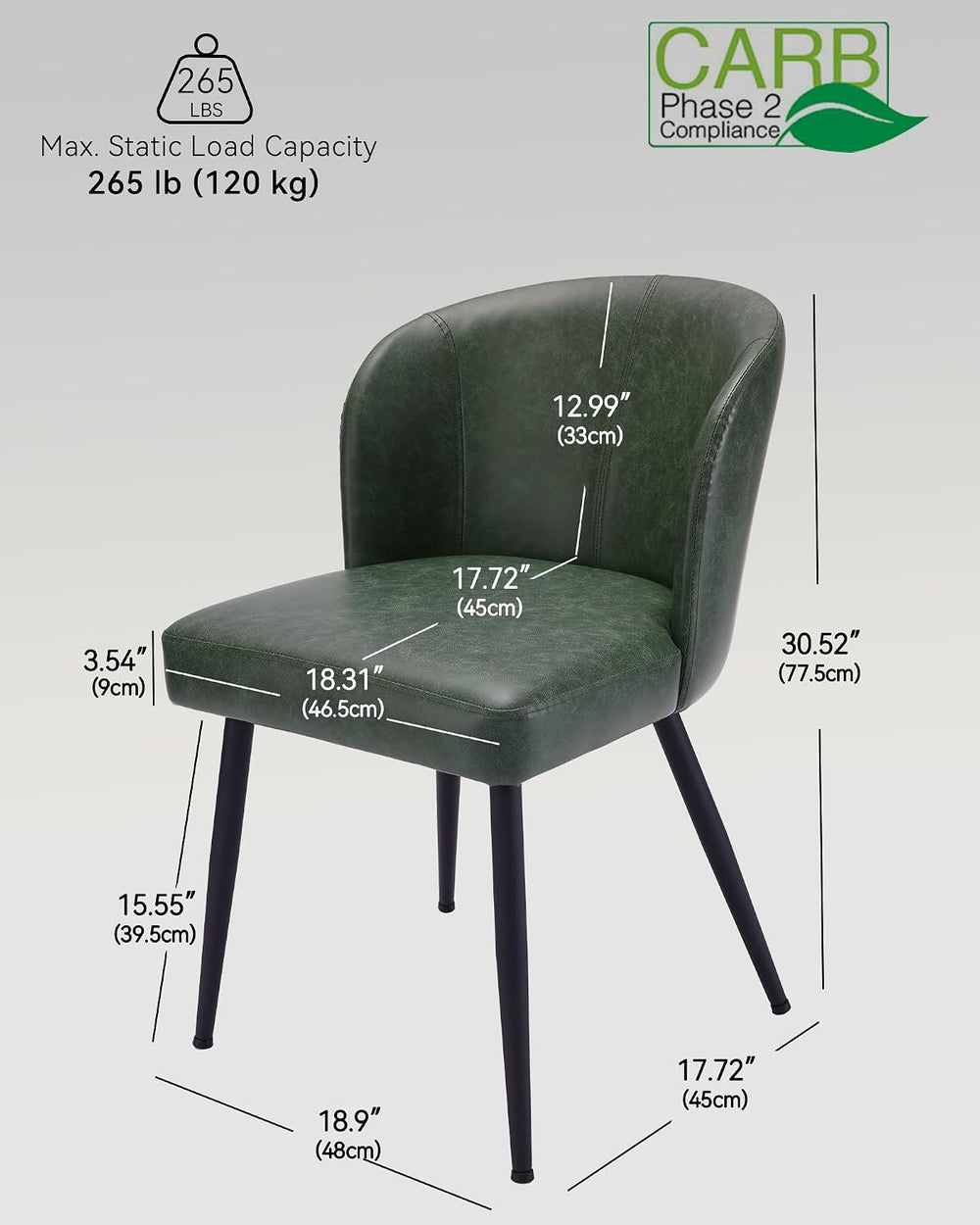 Susalt Upholstered Faux Leather Dining Chairs Set of 2, Green