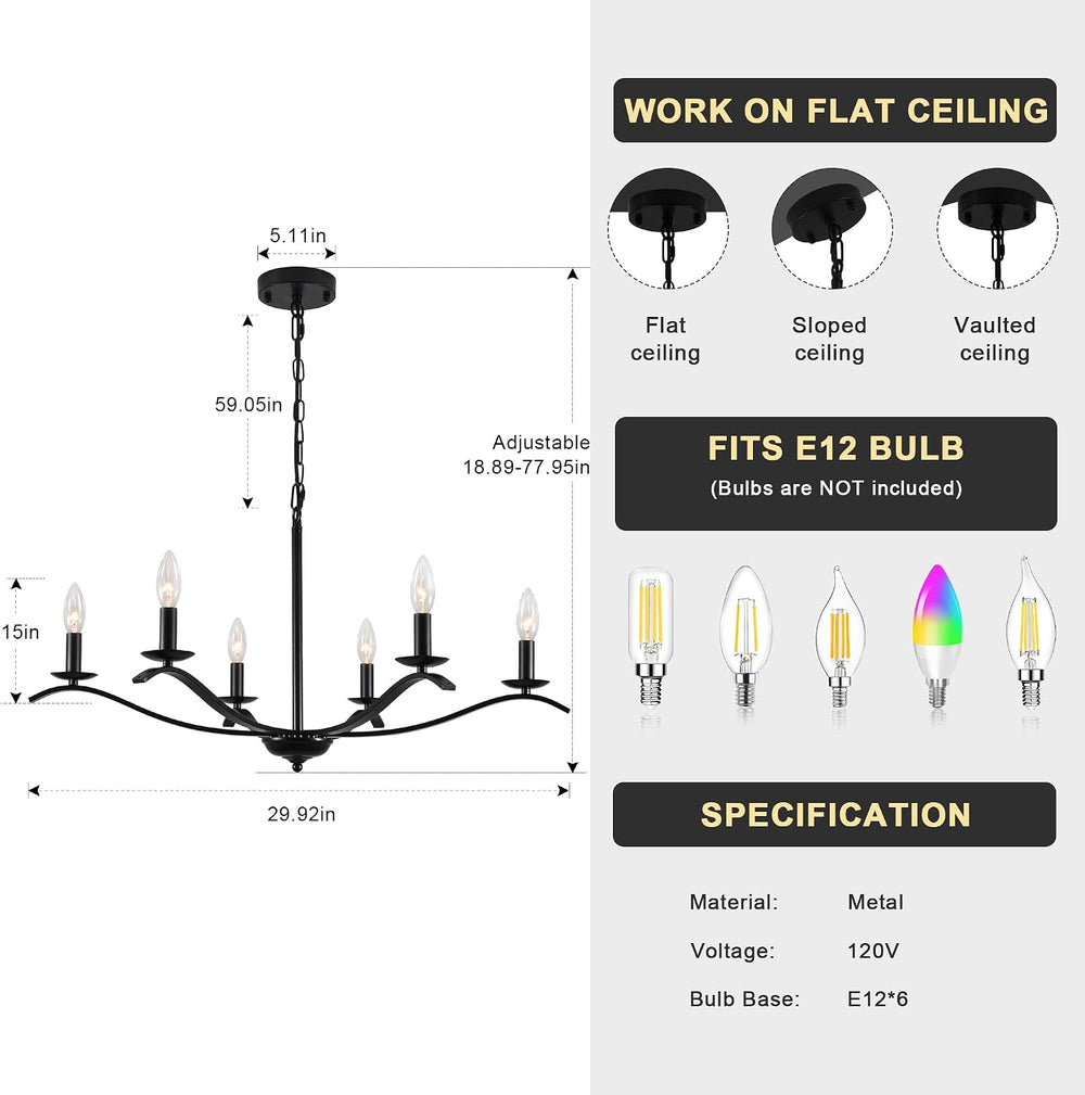 30" Black Chandeliers for Dining Room 6-Light Farmhouse High Ceiling Cha...