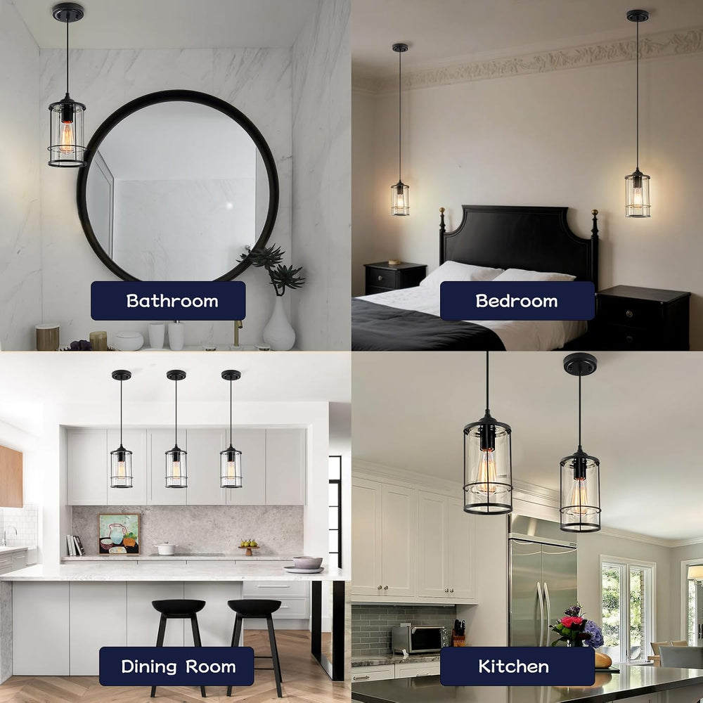 AKEZON Black Pendant Lights Kitchen Island, Farmhouse Cage Glass Light