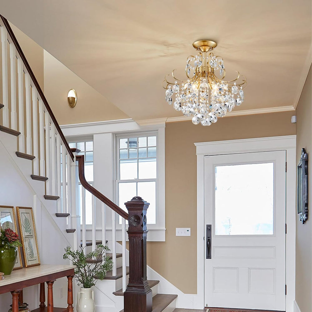 Gold Crystal Chandelier Ceiling Light, Luxury Crystal Semi Flush Mount Ceilin...