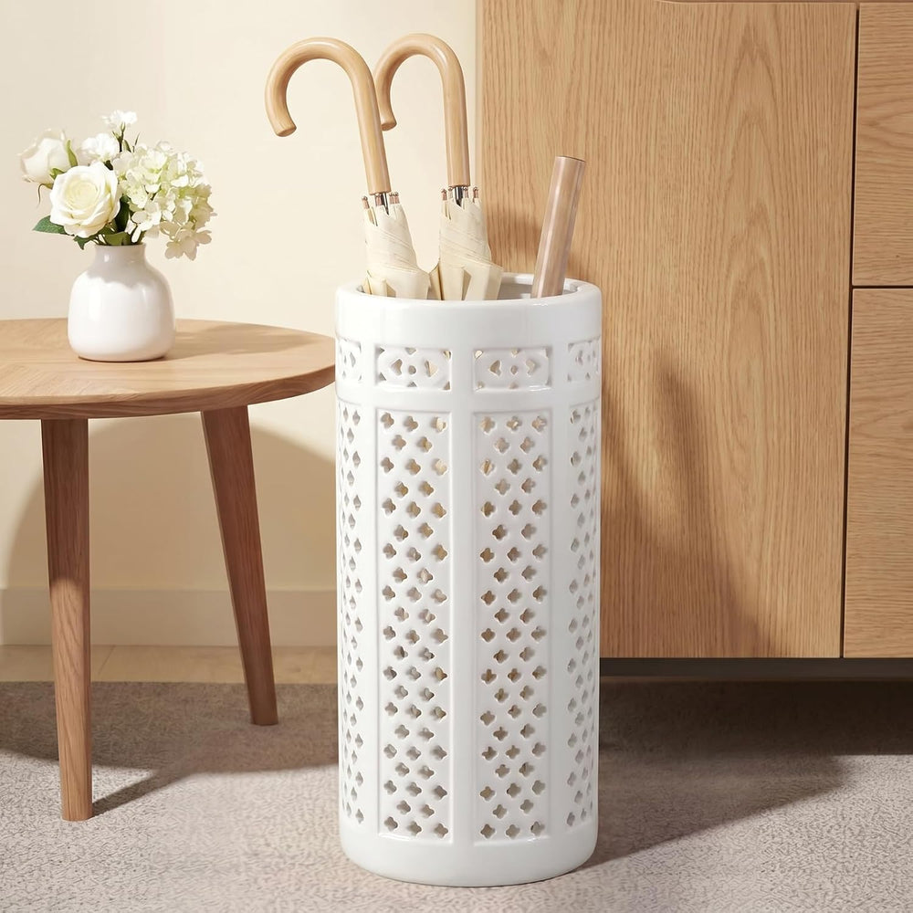 Sawysine White Ceramic Umbrella Stand with Hollow-out Design Heavy Porcelain ...