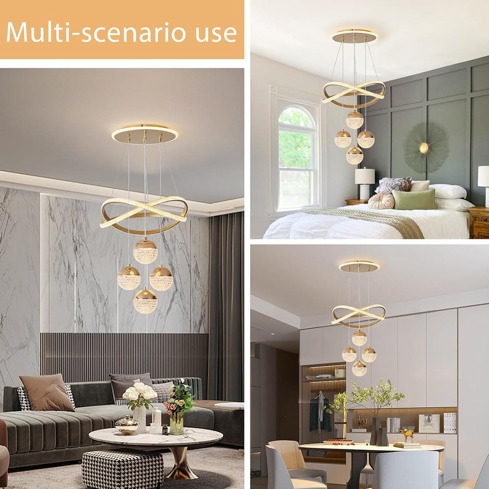 Gold LED Chandeliers, 3-Color Dimmable Pendant Light Dining Room Light Fixtur...