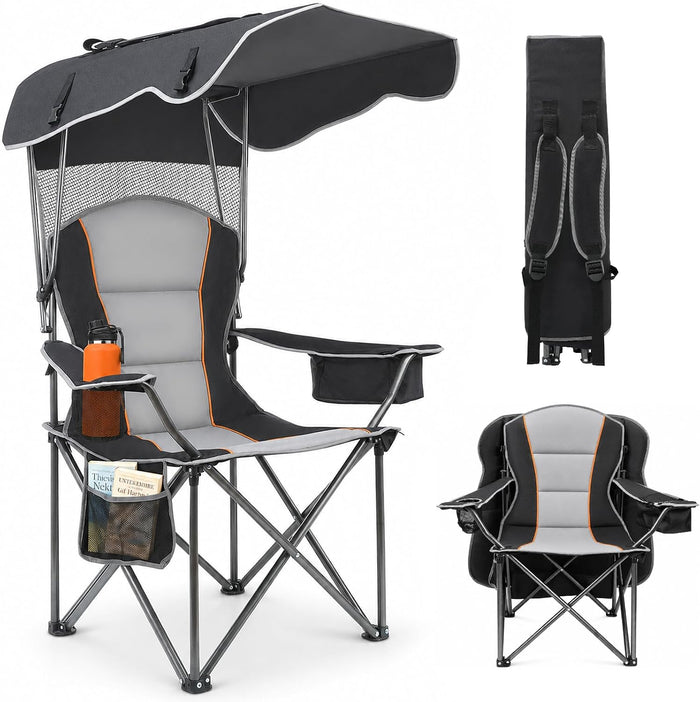 Suteck Camping Chair with Canopy Shade, Folding Outdoor Beach Chairs,Black