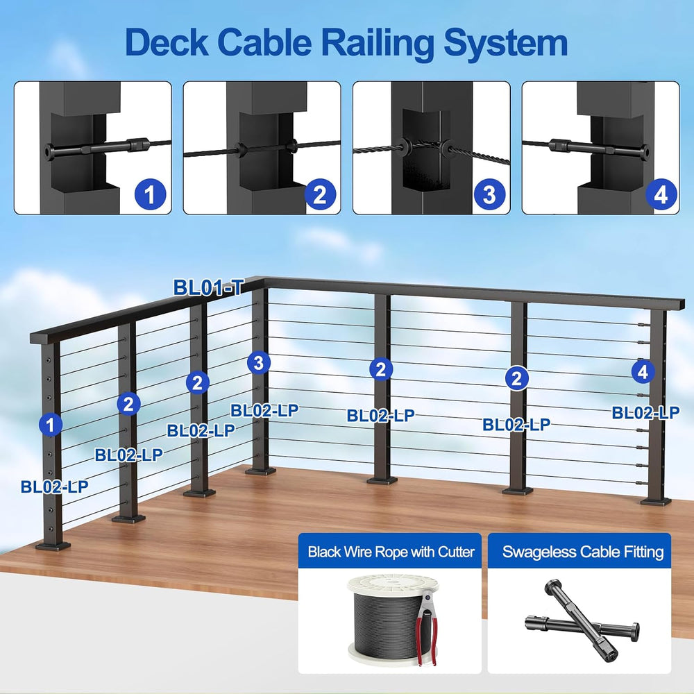 BLIKA 12FT-20FT Complete Set 36" Cable Railing Post Kit