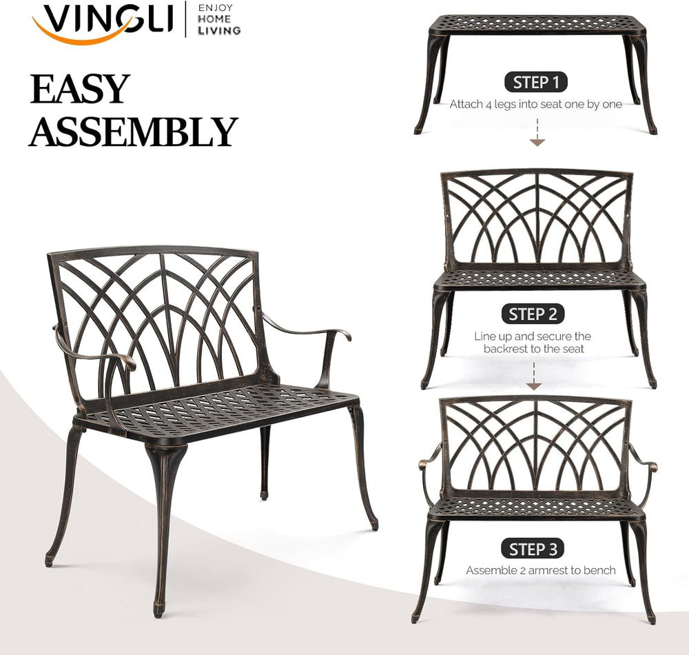 VINGLI 38" Outdoor Metal Bench, Cast Aluminium Garden Bench, Weatherproo...