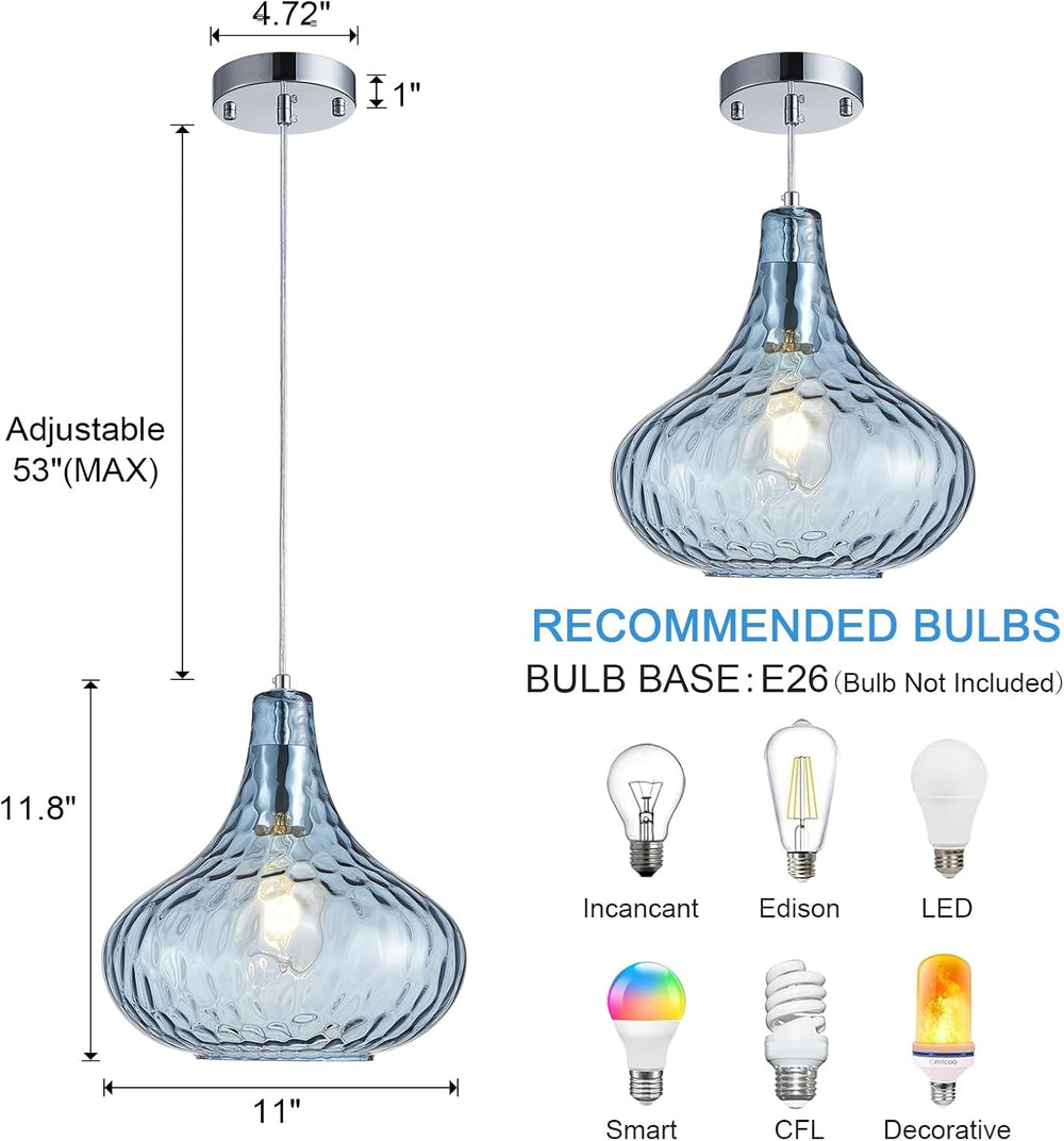11 Inch Blue Hammered Glass Pendant Light Brushed Nickel Ceiling Lamp