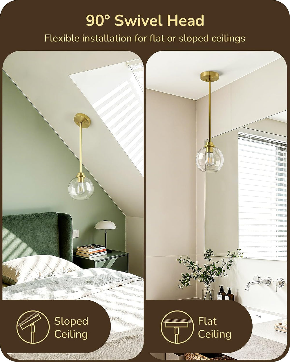 EDISHINE Pendant Light Fixtures 2 Pack with Clear Glass Globe Shade, Gold Kit...
