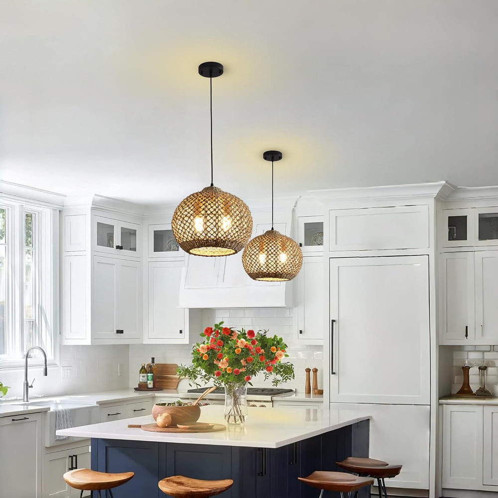 Boho Rattan Pendant Light Fixture 13.79" 2-Light Wicker Lights