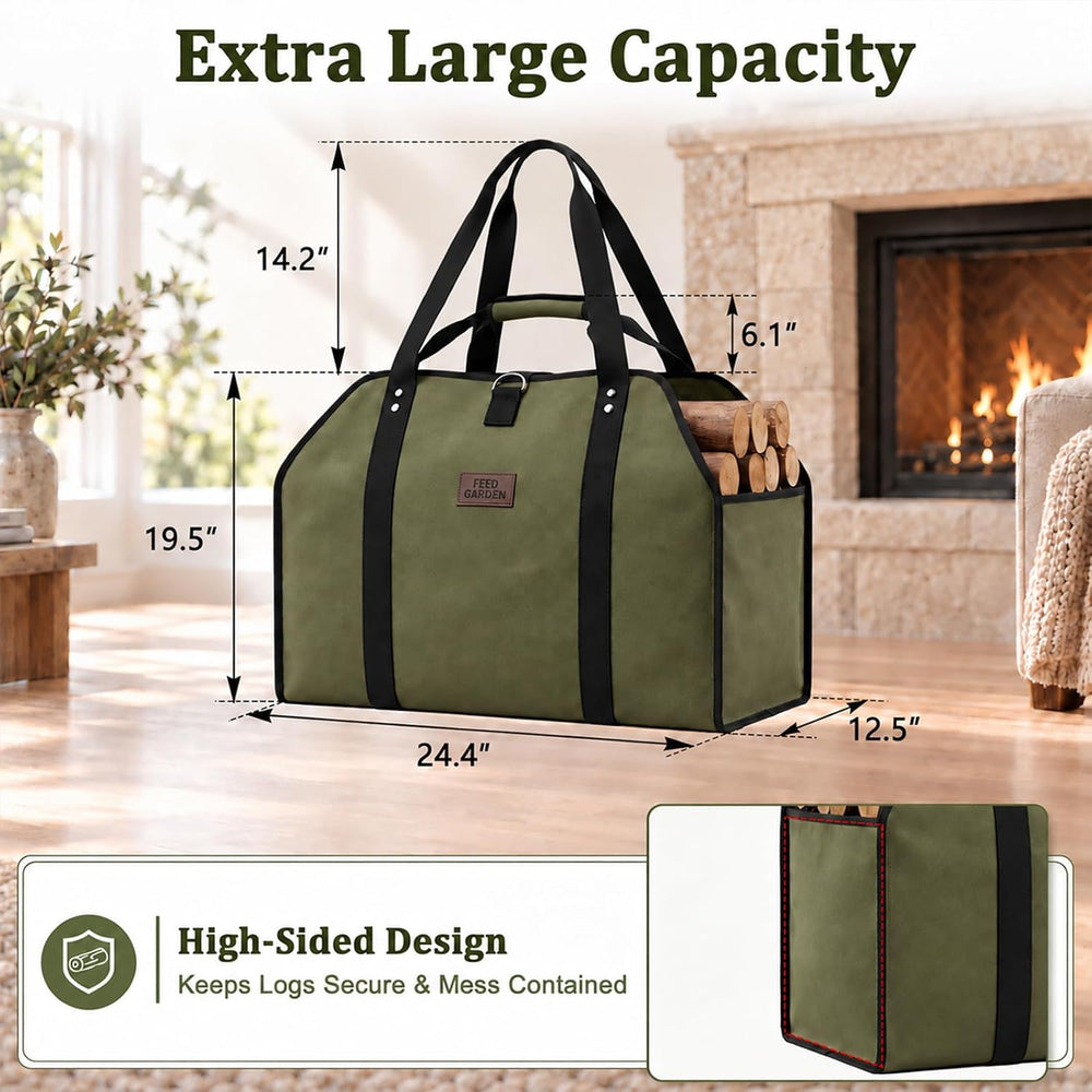 FEED GARDEN Extra Large Firewood Carrier, Waxed Canvas Log Carrier, Green