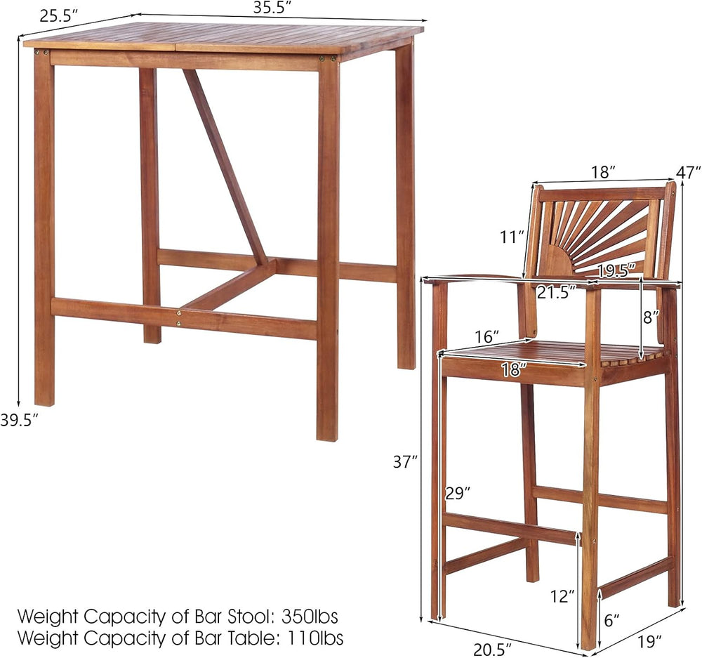 COSTWAY 3PCS Bar Table Set, Outdoor Acacia Wood Dining Set