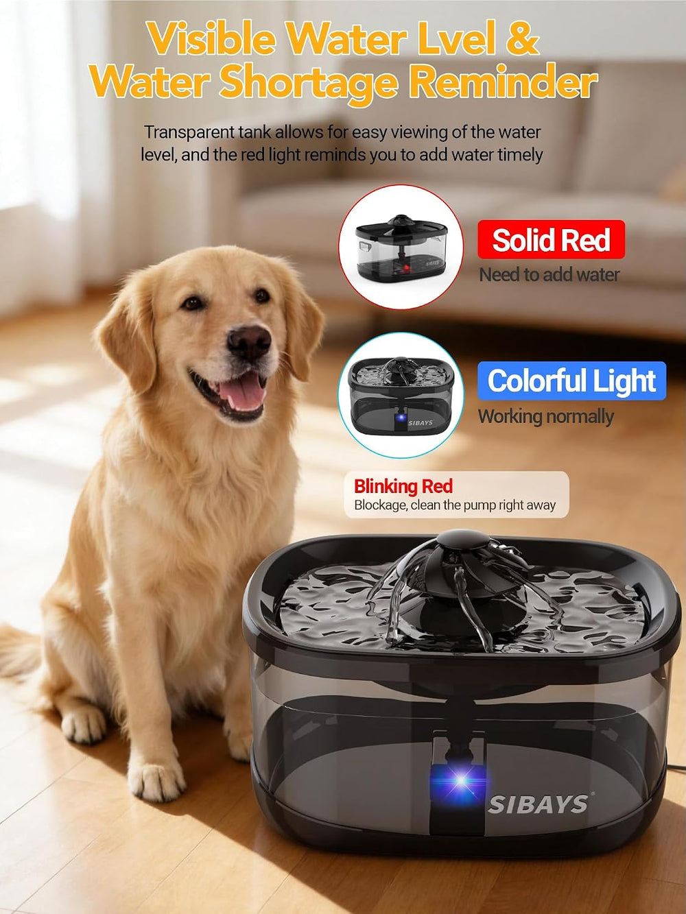 SIBAYS 9.5L/2.5Gal Dog Water Fountain, 3 Flow Modes Automatic Pet Water Fount...