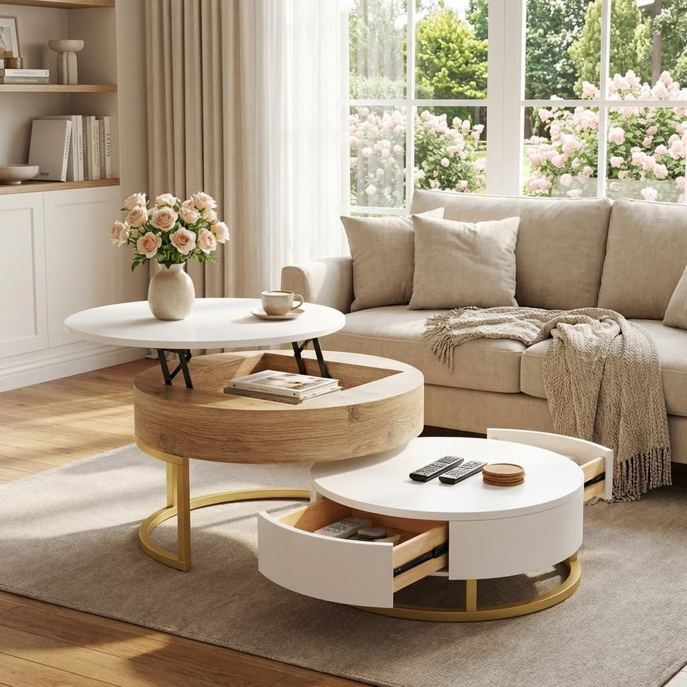 Modern Round Lift-top Nesting Coffee Tables with 2 Drawers for Living Room Wh...