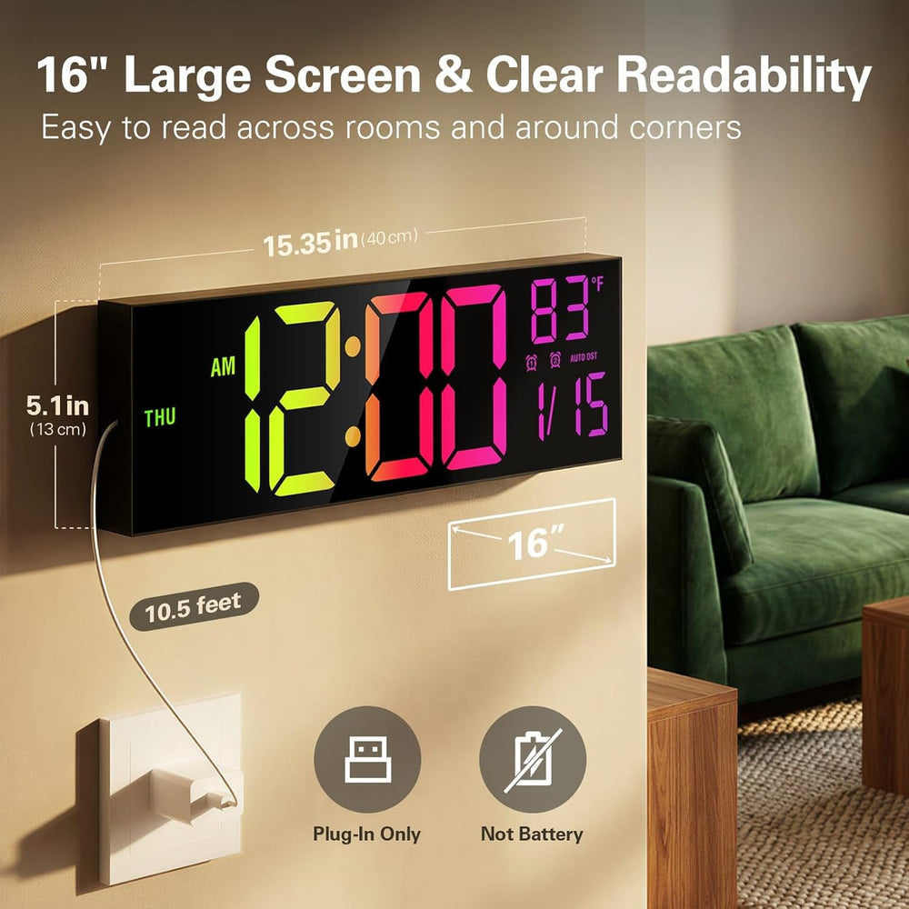 JALL 16" Large Digital Wall Clock with RGB Colors for Classroom, Wall Cl...