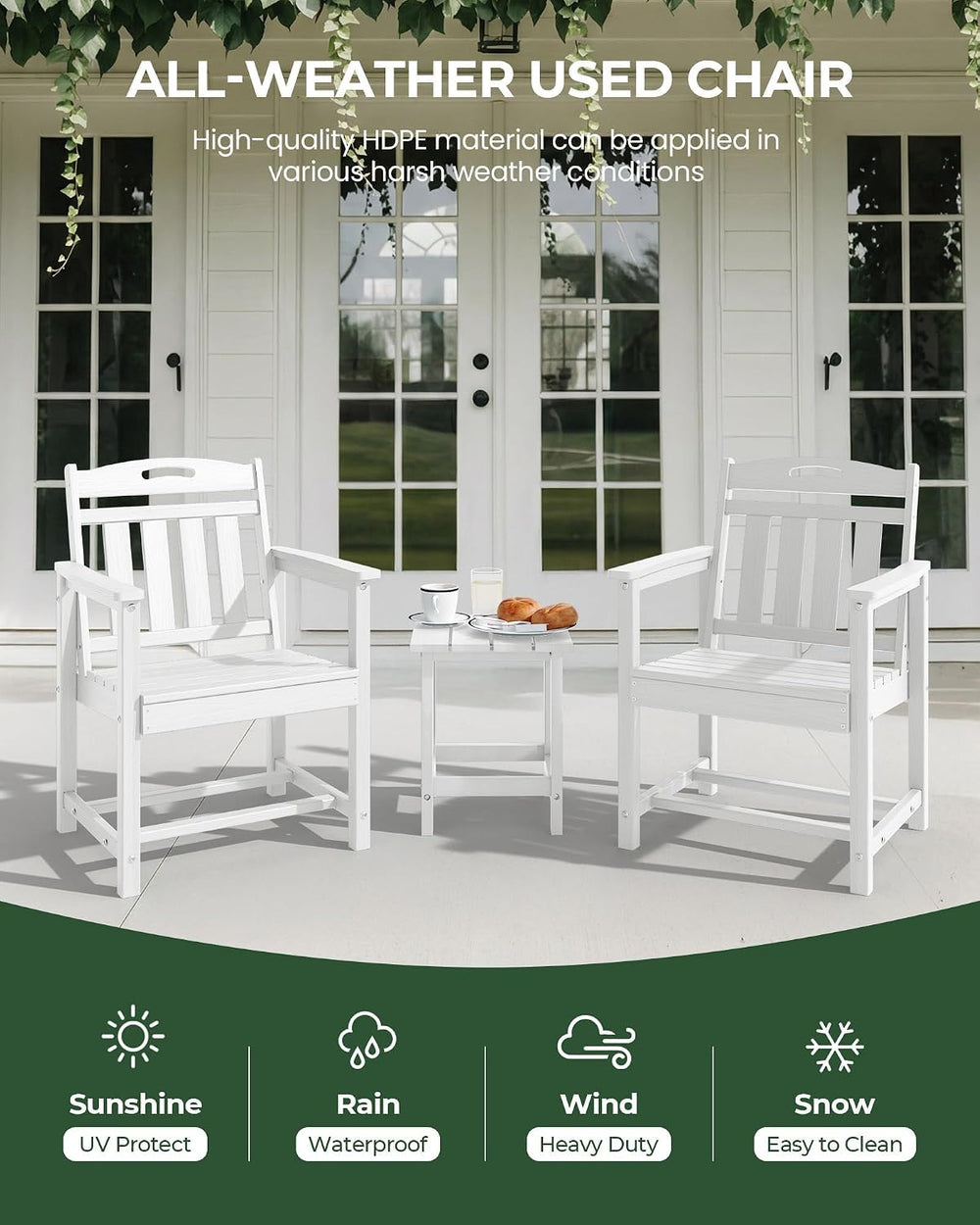 Patio Chairs Set of 2, HDPE Outdoor Dining Chairs with Wide Seat, All Weather...