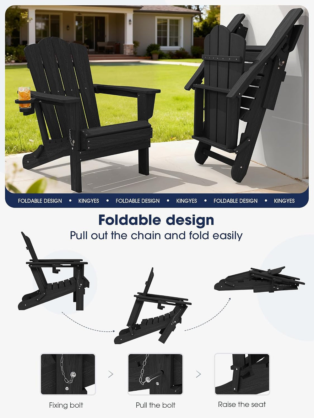 KINGYES Folding Adirondack Chair, All-Weather HDPE Material, Black, 8 Pack (4...