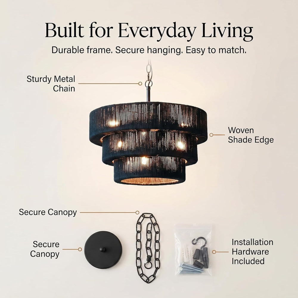 20" 10-Light Boho Black Rattan Chandelier, 3-Layer Coastal Farmhouse Han...