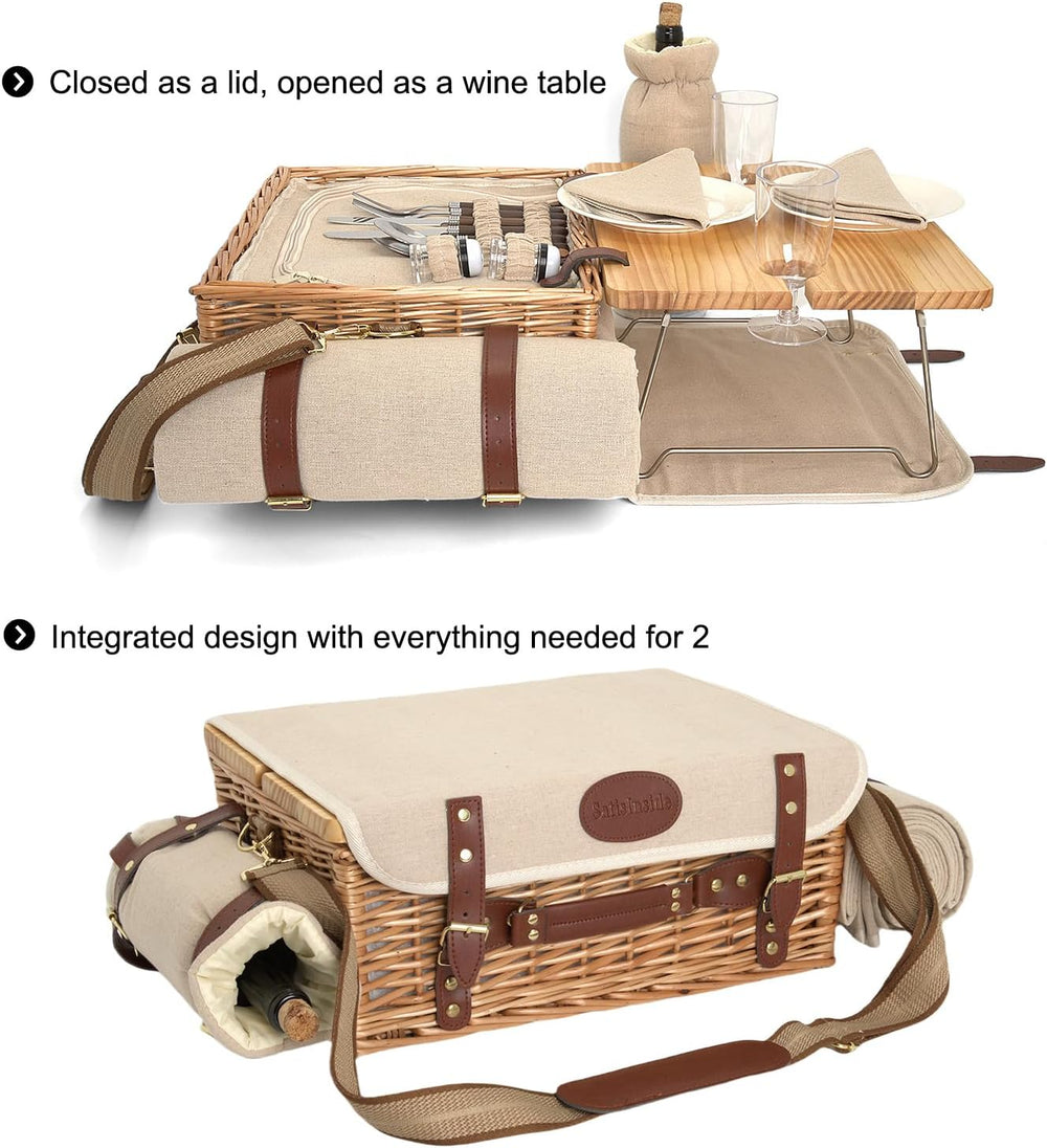 Multifunctional Wicker Picnic Basket Set for 2 with Blanket and Picnic Table,...