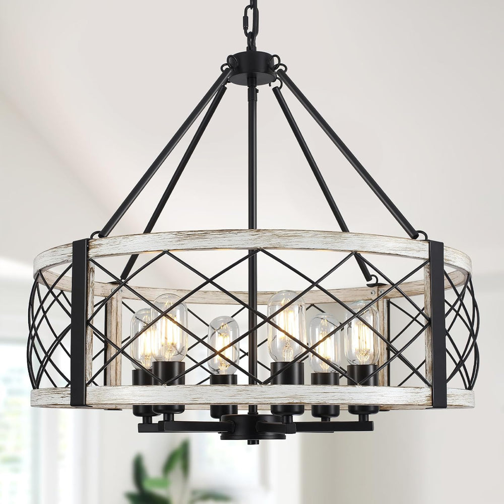 21.6” White Farmhouse Chandelier, 6-Light Wood Grain Finish Chandelier