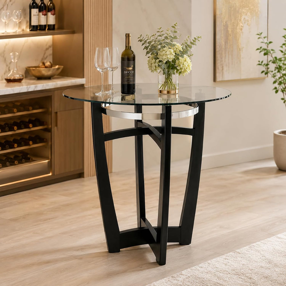 42" Round Bar Height Glass Dining Table, Solid Wood Base, 42" Height