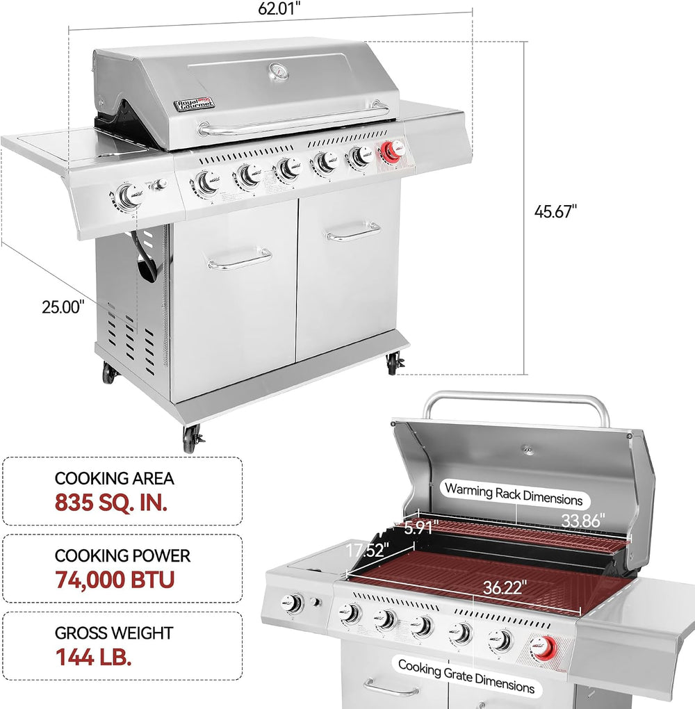Royal Gourmet GA6402S 6-Burner Propane Gas Grill with Side Burner, Silver