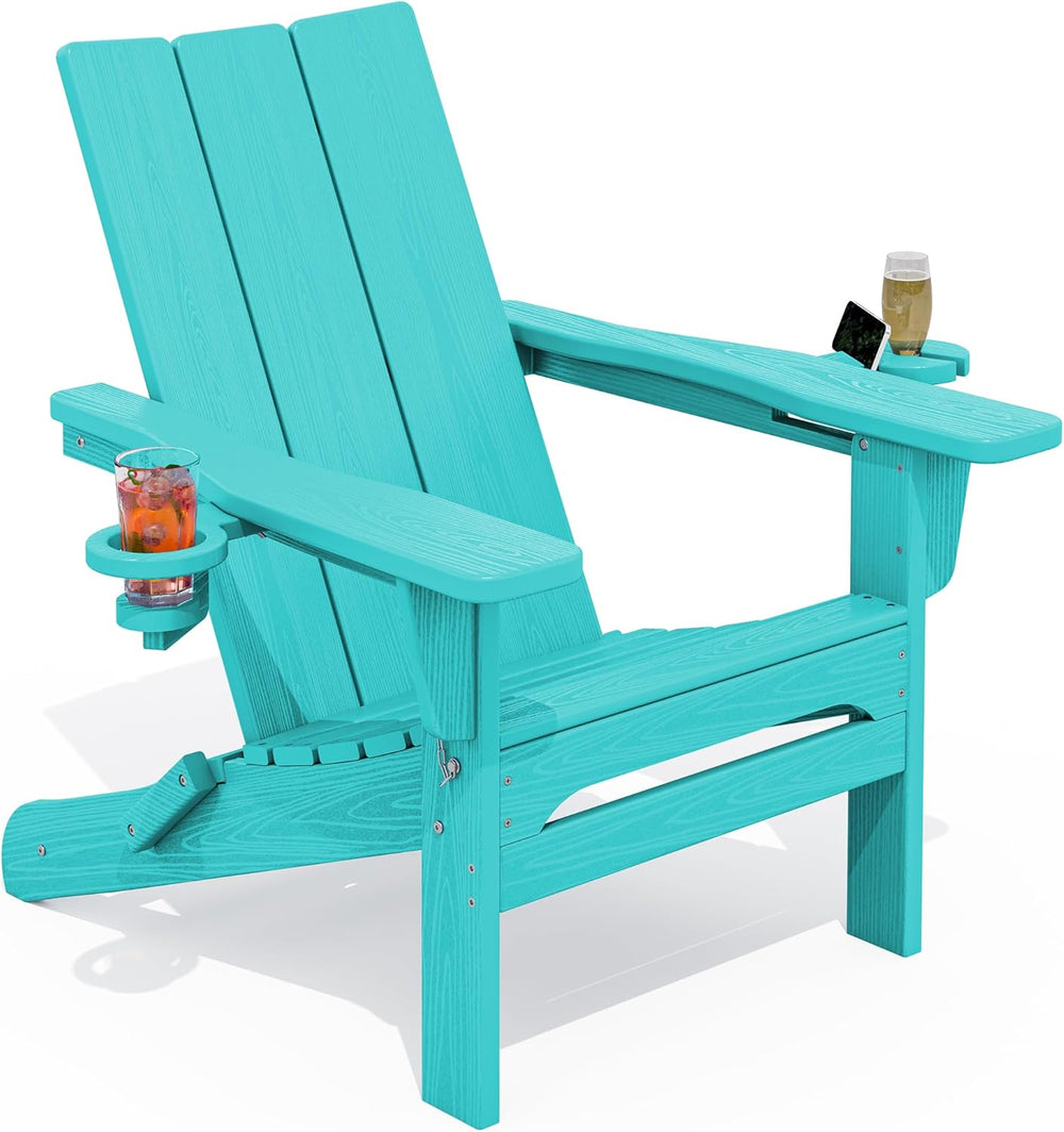 SERWALL HDPE Modern Folding Adirondack Chair with Dual Cup Holder, Teal