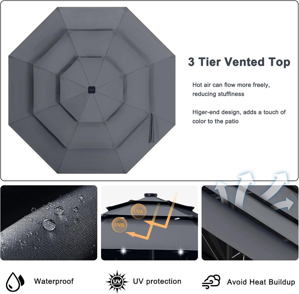 ABCCANOPY 11FT 3-Tier Solar Patio Umbrella, 32 LED Lights, Dark Gray