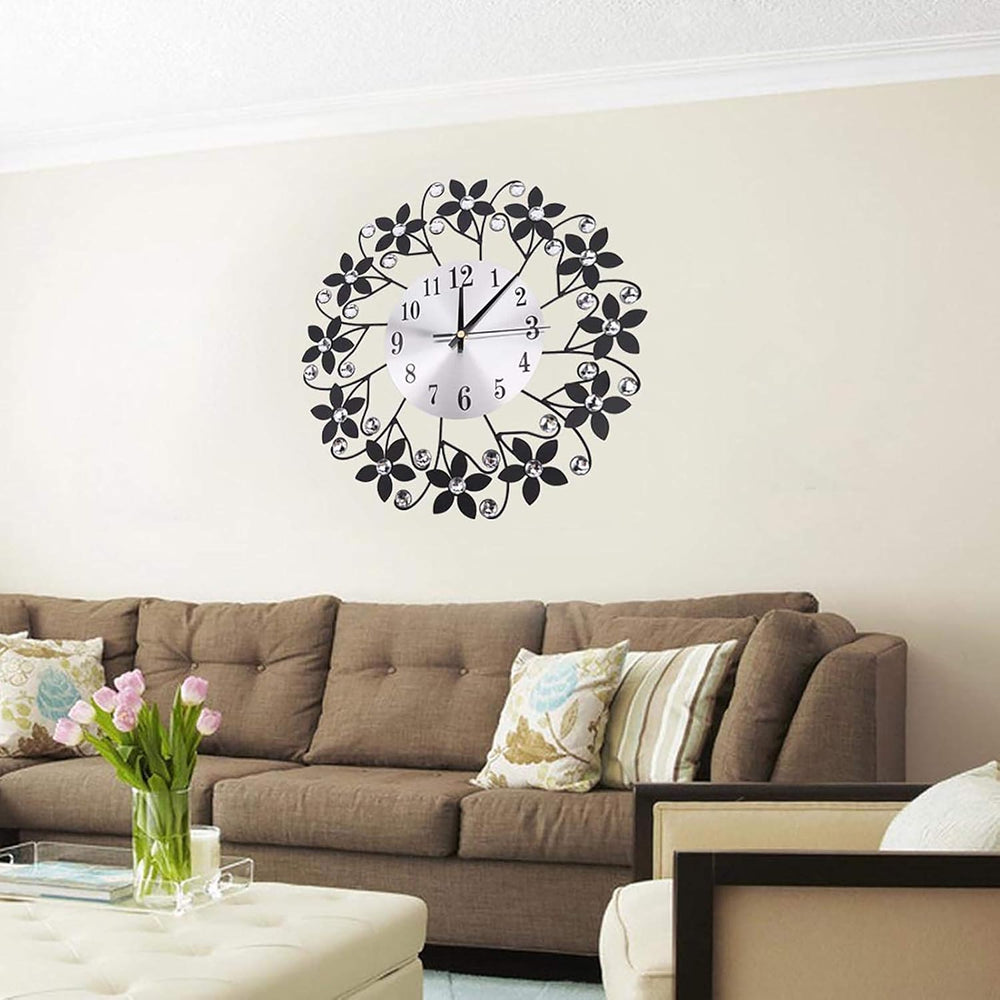 Battery Operated Black and Crystal Clock Wall Clock Decor Modern Metal Wall f...