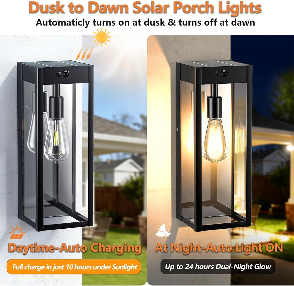 16" Large Solar Porch Lights Outdoor 2-Pack, Matte Black