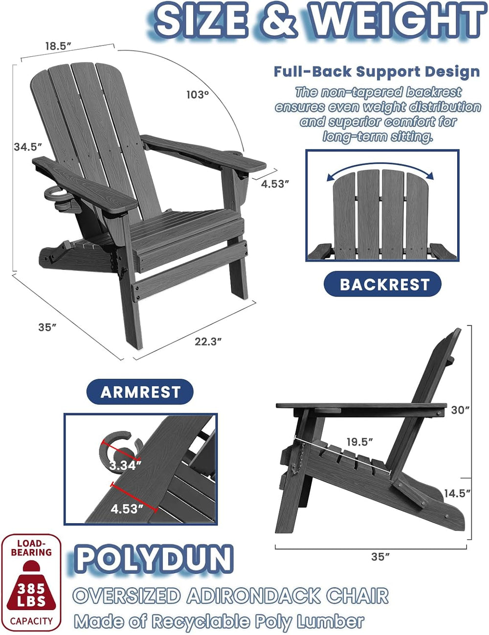 Folding Adirondack Chair with 2 Cup Holder, HDPE Plastic Patio Chairs