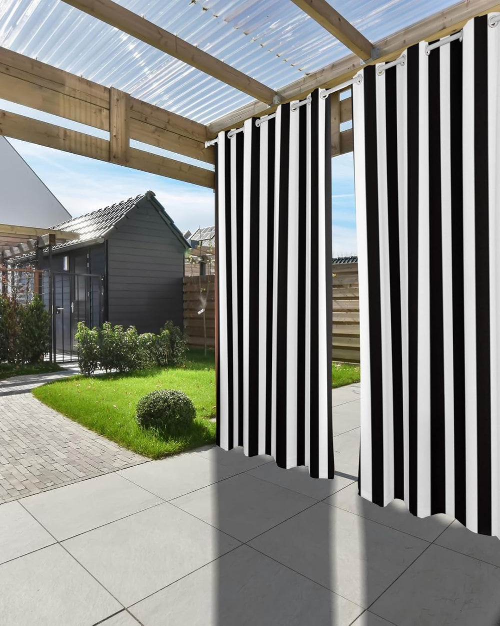 Outdoor Curtains for Patio Waterproof Black and White Stripe Indoor/Outdoor C...