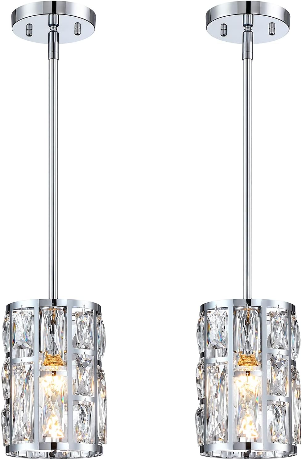 MEXO Modern Crystal Pendant Light Fixture 2-Pack Chrome Finish Hanging Lighti...