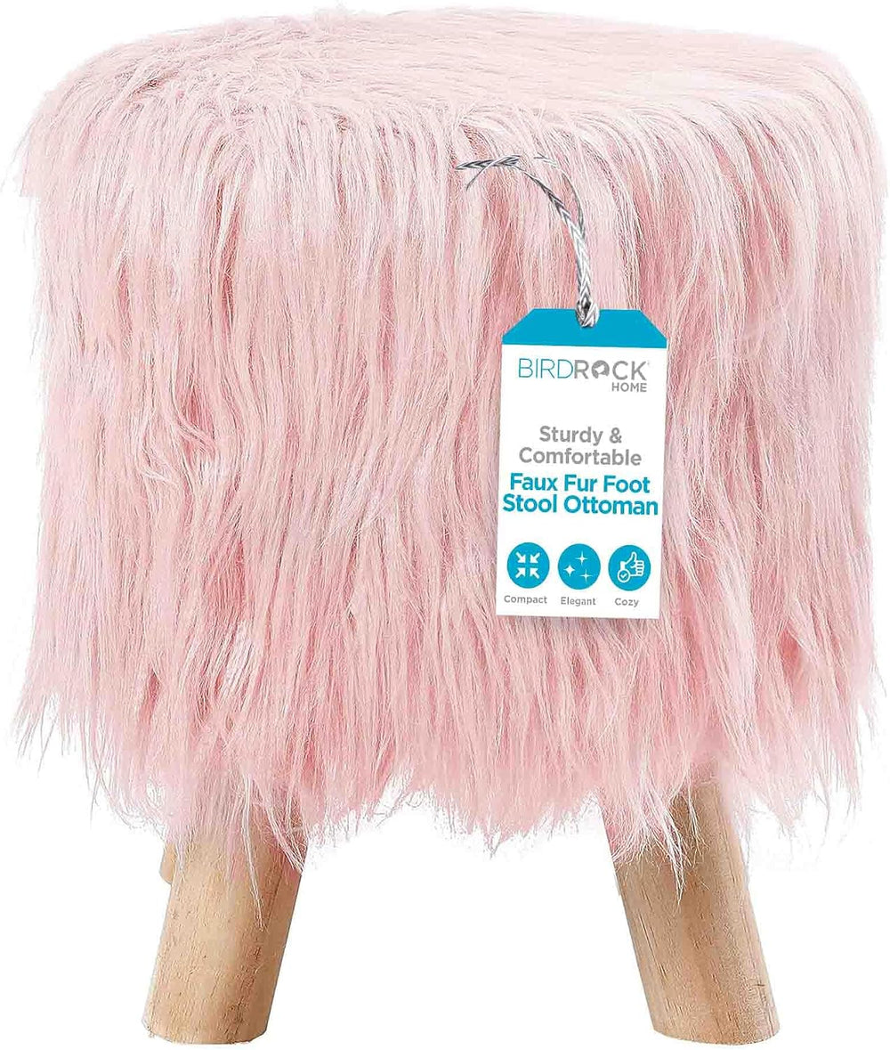 BIRDROCK HOME Faux Fur Foot Stool Ottoman – Upholstered Vanity Chair w/Natura...