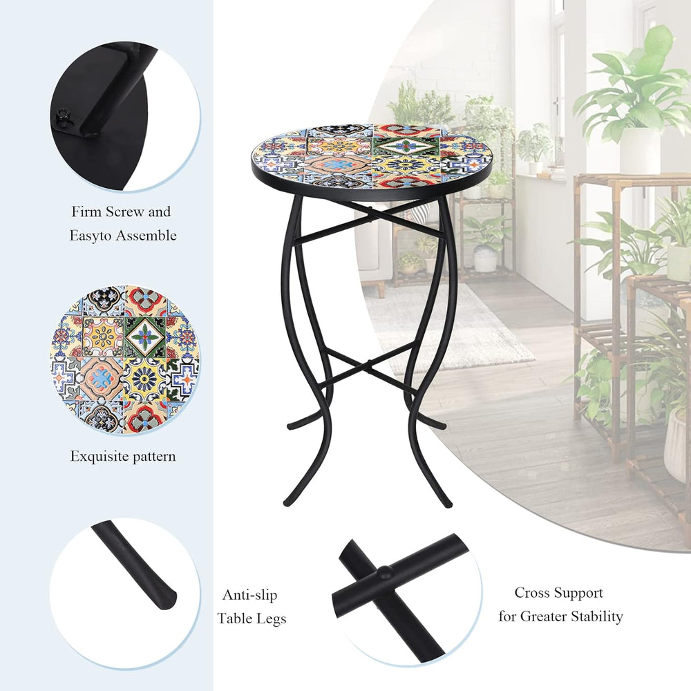 VCUTEKA Mosaic Outdoor Side Table, 14" Round Small Patio Accent Table