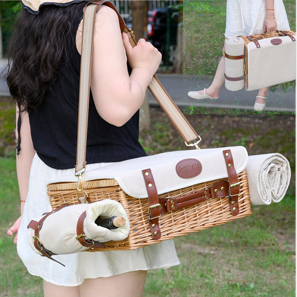 Multifunctional Wicker Picnic Basket Set for 2 with Blanket and Picnic Table,...