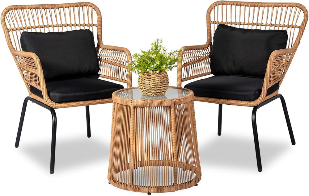 3 Piece Outdoor Wicker Furniture Bistro Set, Rattan Chairs Conversation Sets ...