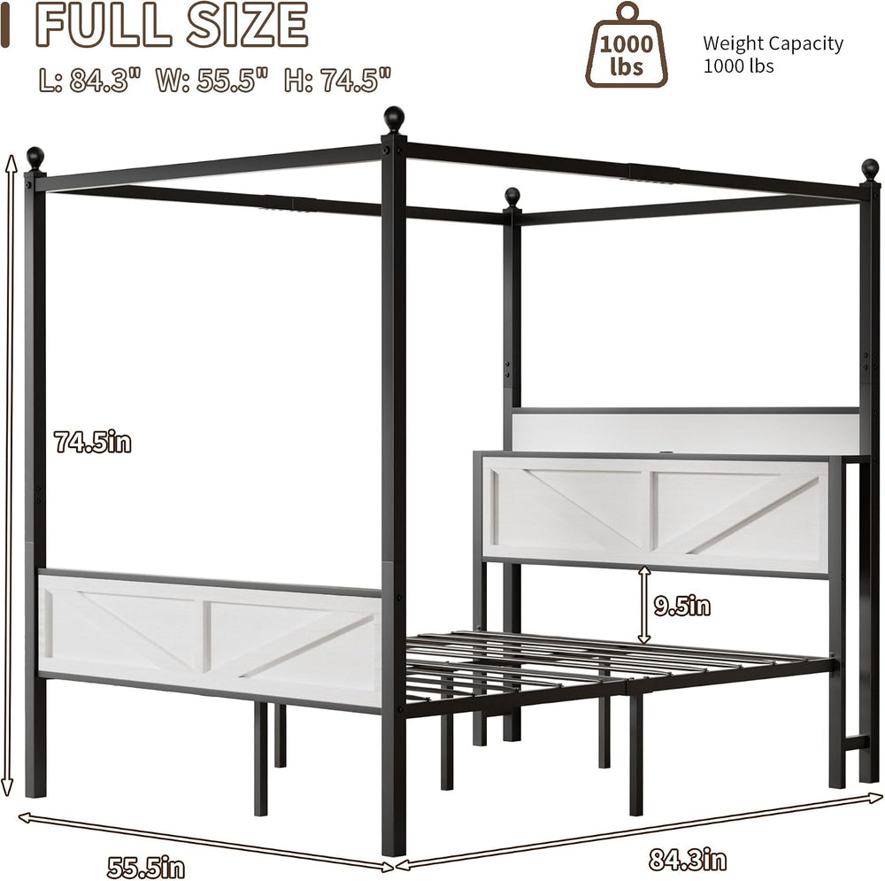 Canopy Bed Frame Full Size with Storage Headboard, White