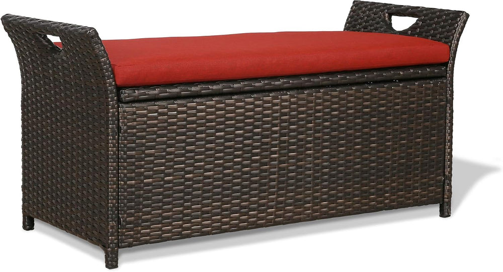 Patio Wicker Storage Bench,Outdoor Rattan Deck Box with Cushion, Red