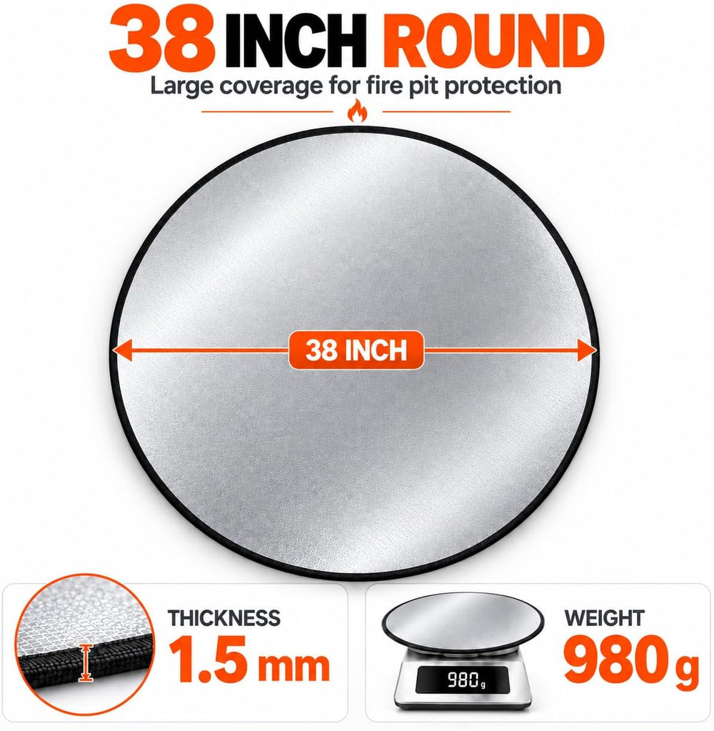FLASLD 38 Inch Fire Pit Mat, 3-Layer Reflective Heat Barrier for Fire Pits