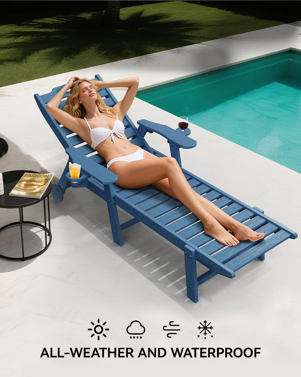 Carauci Lounge Chair Outdoor, HDPE Chaise Lounge with Wheels, 5-Position Adju...