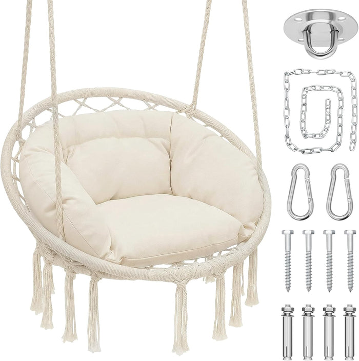 Magshion Macrame Hanging Hammock Chair with Cozy Full Cushion, Beige