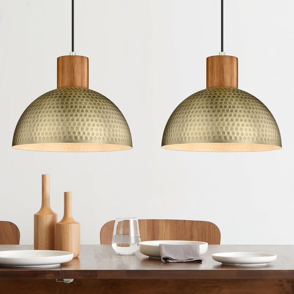 ELYONA 2 Pack Hammered Pendant Lights 12” Vintage Metal & Wood Dome Hangi...