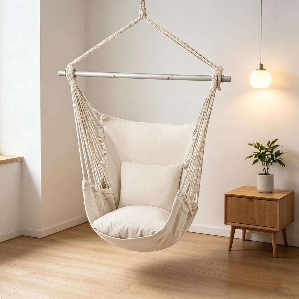 MoNiBloom Hammock Chair Hanging Rope Swing w/2 Cushions, Beige