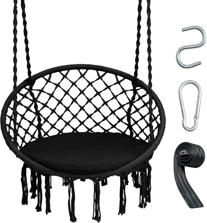 Giantex Hammock Chair Macrame Swing with Cushion & Hardware Kit, Black