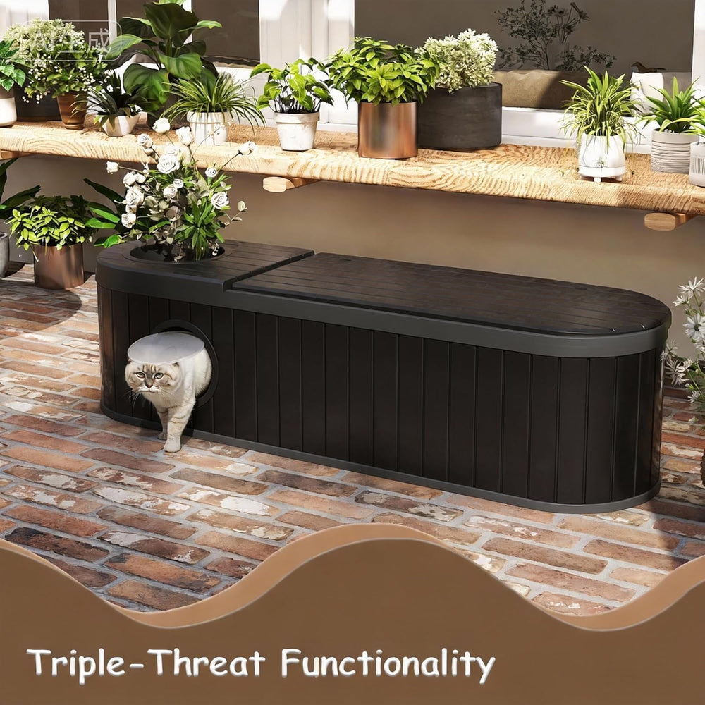 60 Gallon Storage Bench Deck Box Resin Patio Furniture with Armrest, Waterpro...