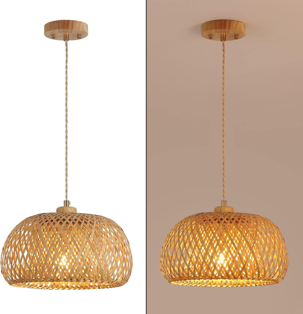 Bamboo Pendant Light Fixture One-Light Adjustable Boho Basket Handmade Woven ...
