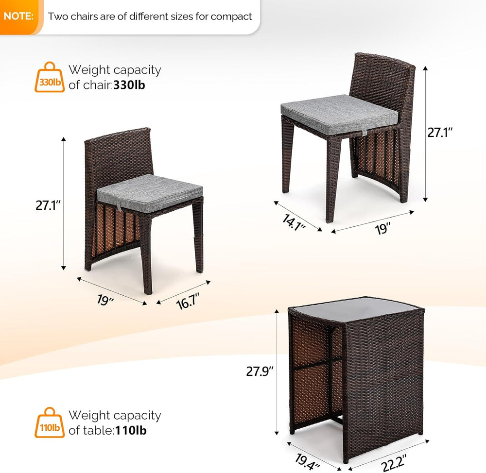 Bonnlo 3 PCS Wicker Outdoor Patio Bistro Set, Patio Furniture Set for Small S...