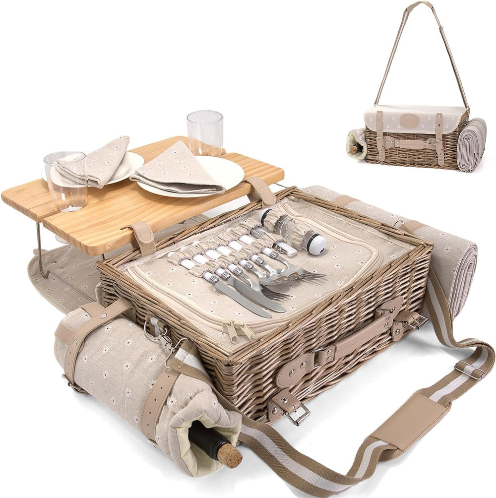 Multifunctional Wicker Picnic Basket Set for 2 with Blanket and Picnic Table,...
