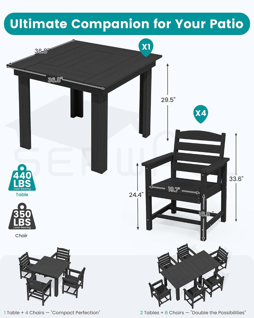 SERWALL HDPE Outdoor Square Dining Set for 4